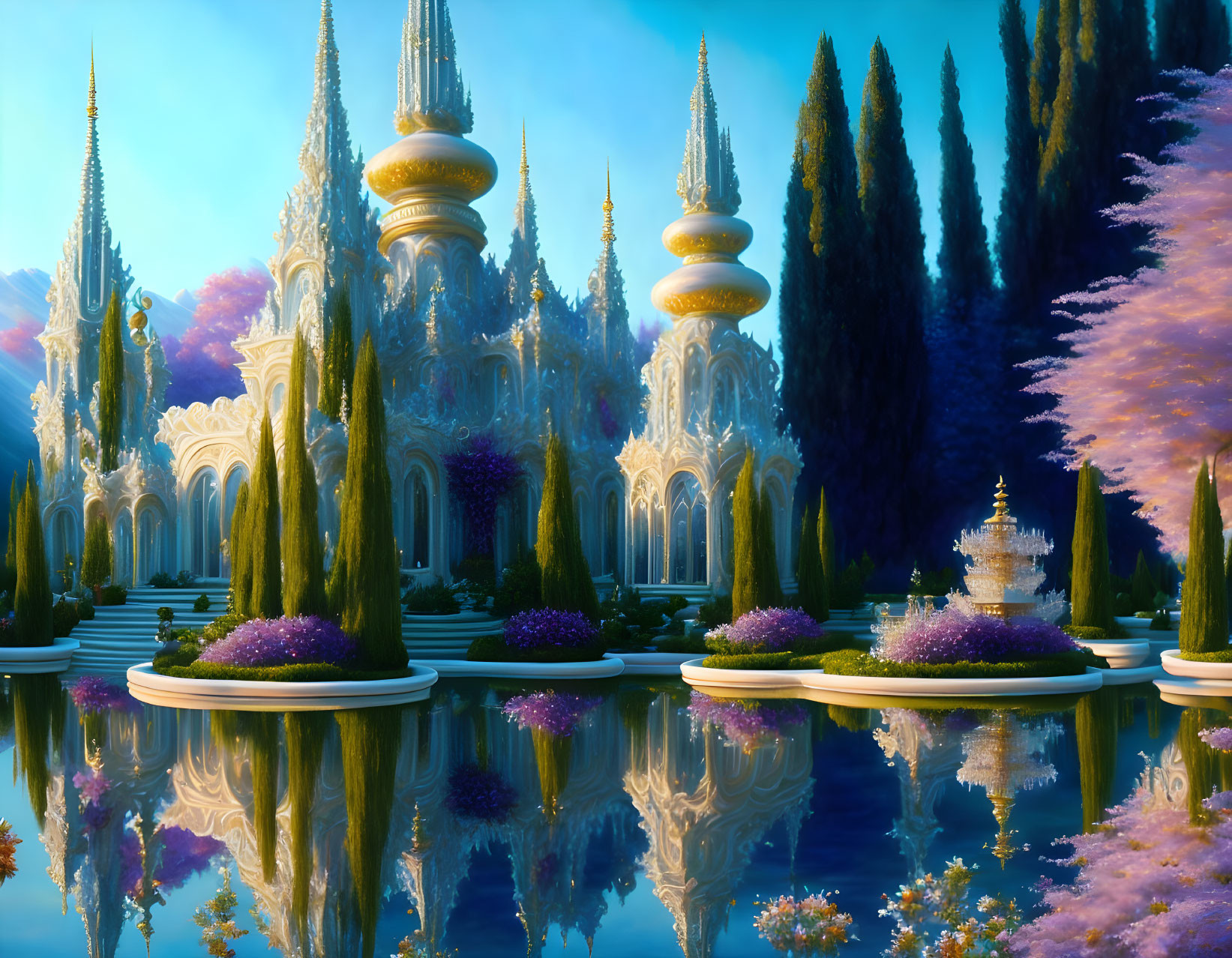 Fantastical landscape with golden spired structures and purple flora