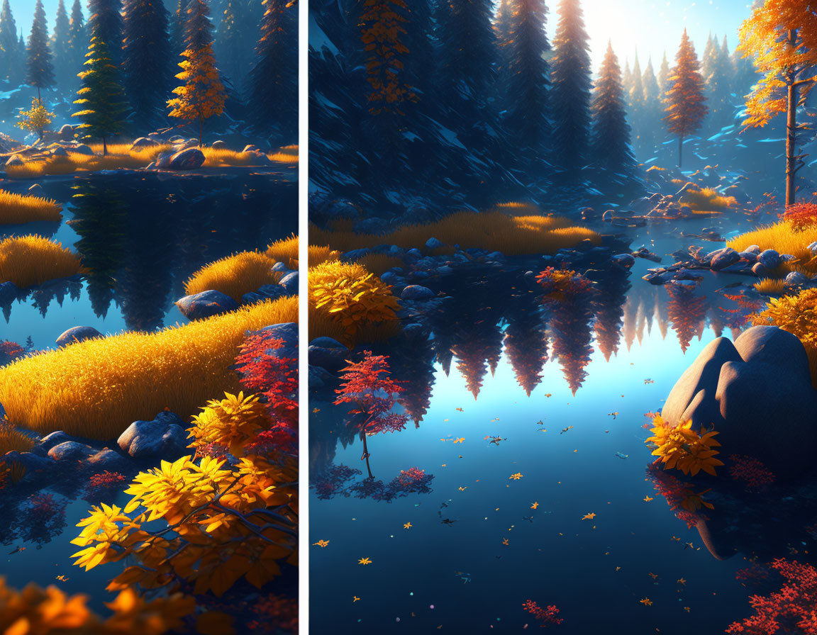 Digital Artwork: Serene Forest Scene with Autumn-Winter Transition