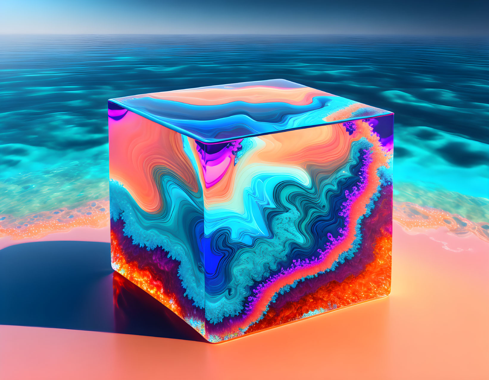 Colorful Swirling Cube Floating Above Reflective Surface