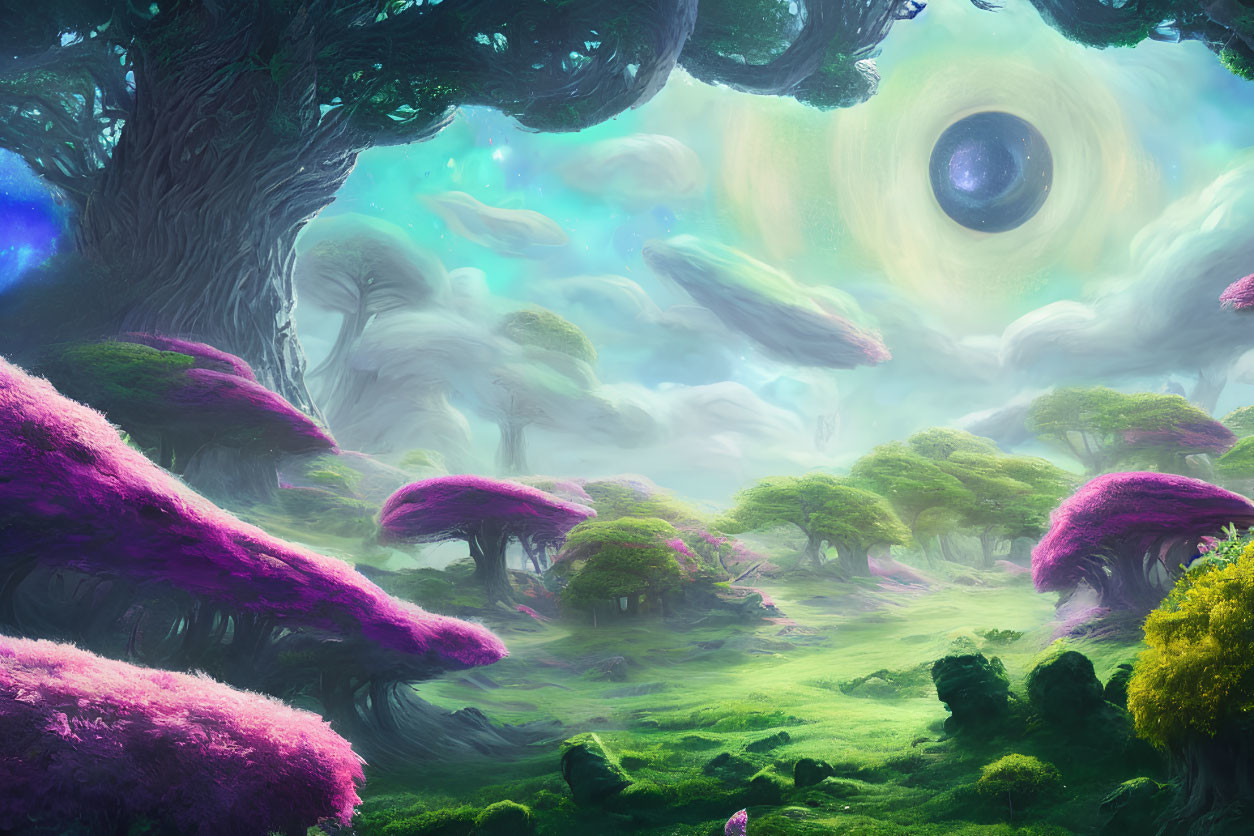 Fantasy landscape with purple foliage, majestic trees, and whimsical clouds