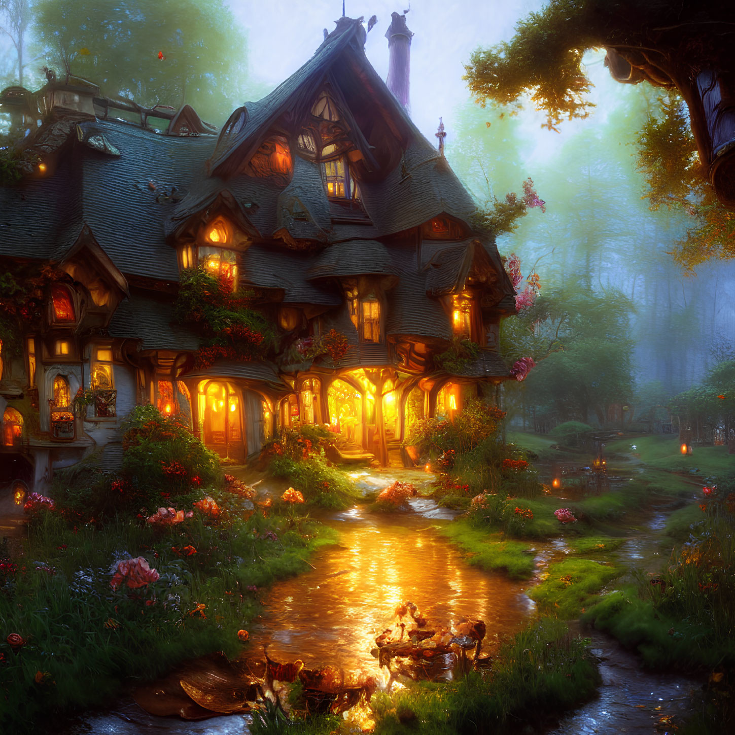 Misty forest cottage with glowing windows and ducks in a gentle stream