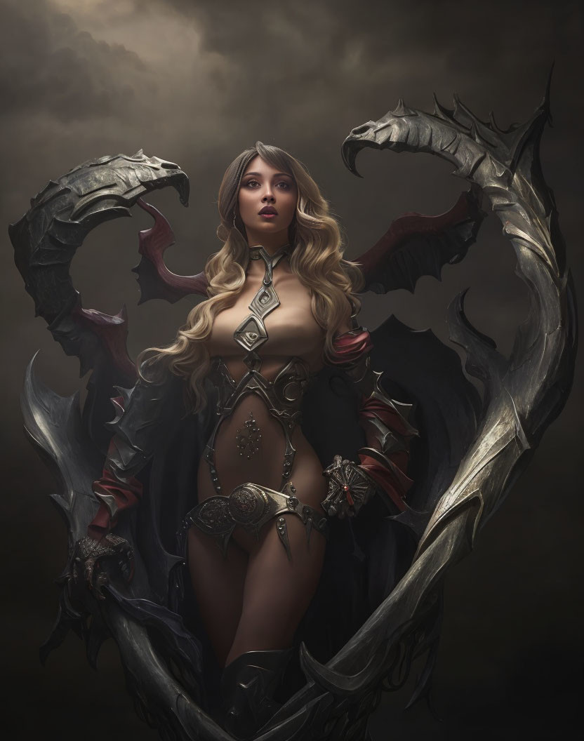 Blond-haired woman in dark armor with dragon-like creatures in fantasy artwork