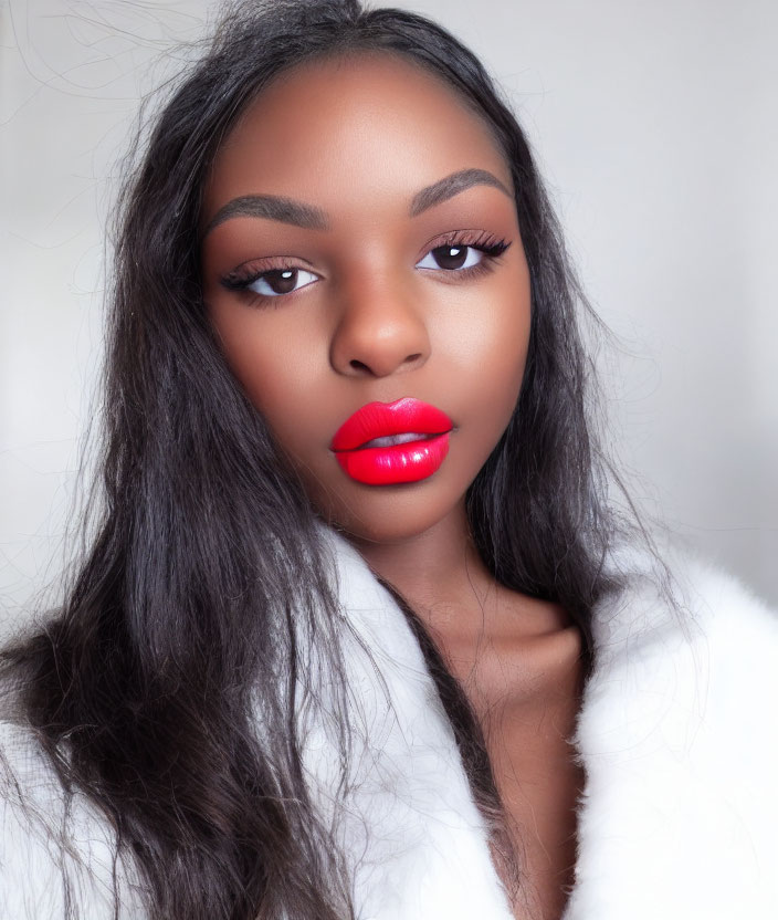 Woman with Red Lipstick and White Furry Outfit on Gray Background