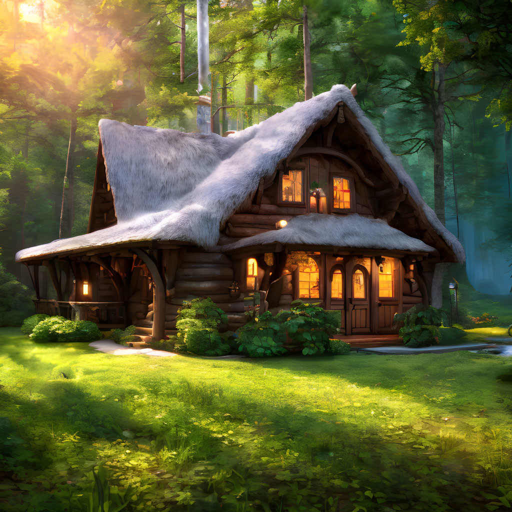 Thatched roof cottage in sunlit forest clearing