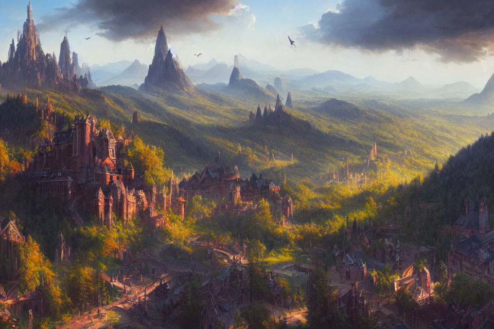 Majestic fantasy landscape with castle, village, and soaring birds