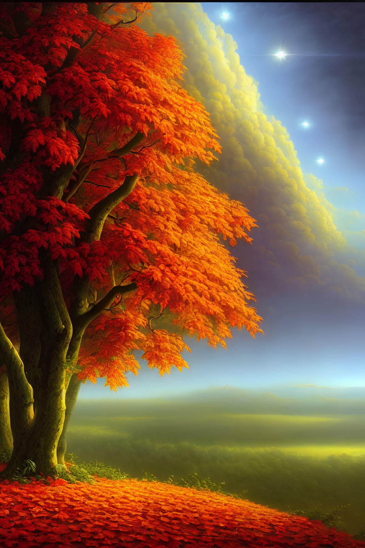 Vibrant tree with fiery orange leaves under star-studded sky and misty green landscape