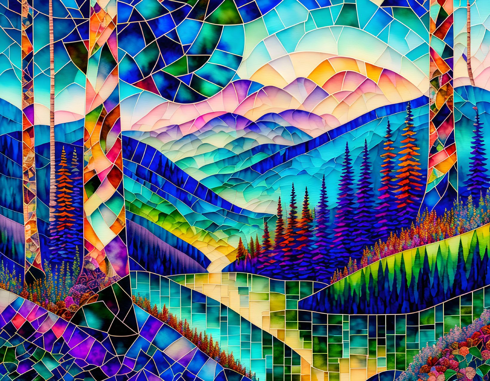 Colorful Stained Glass Mountain Landscape Illustration