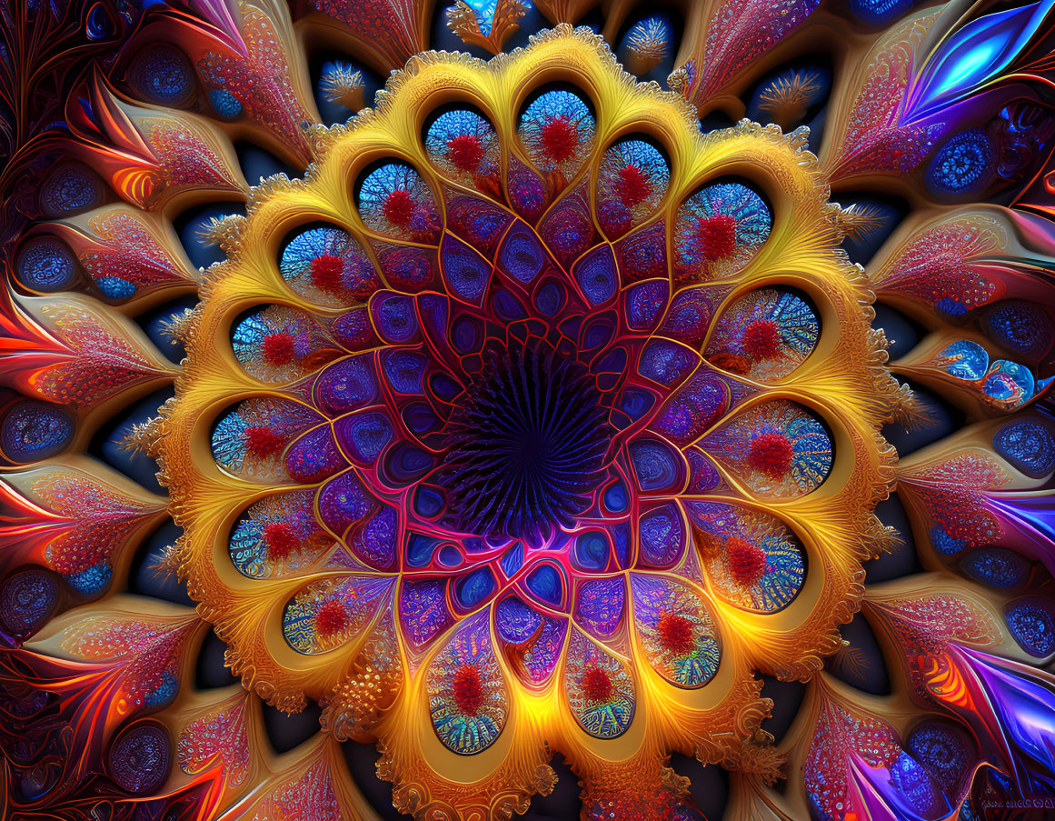 Intricate Feather-Like Fractal Mandala in Gradient Colors