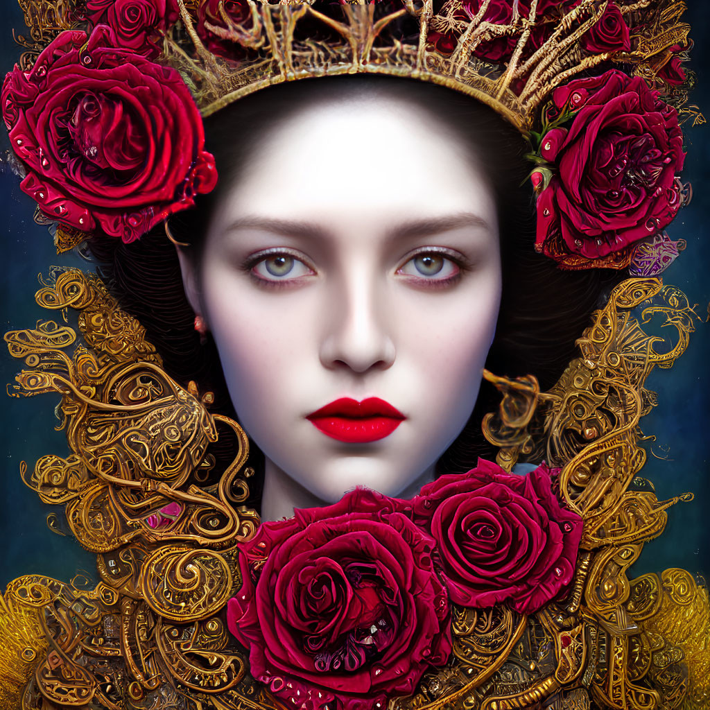 Portrait of woman with pale skin, red lips, dark hair, golden crown, red roses on blue