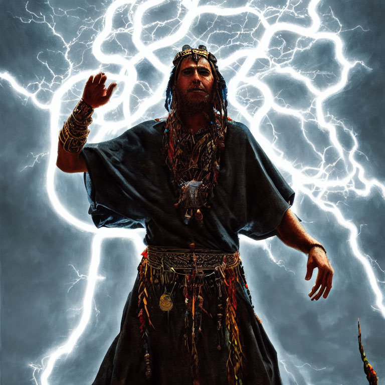 Ancient attire man in shamanic pose with lightning background