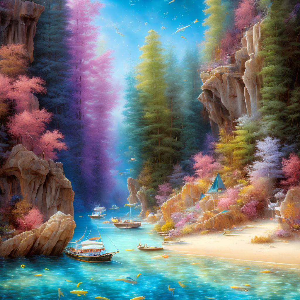 Serene fantasy landscape with blue river, colorful trees, boat, and floating lanterns