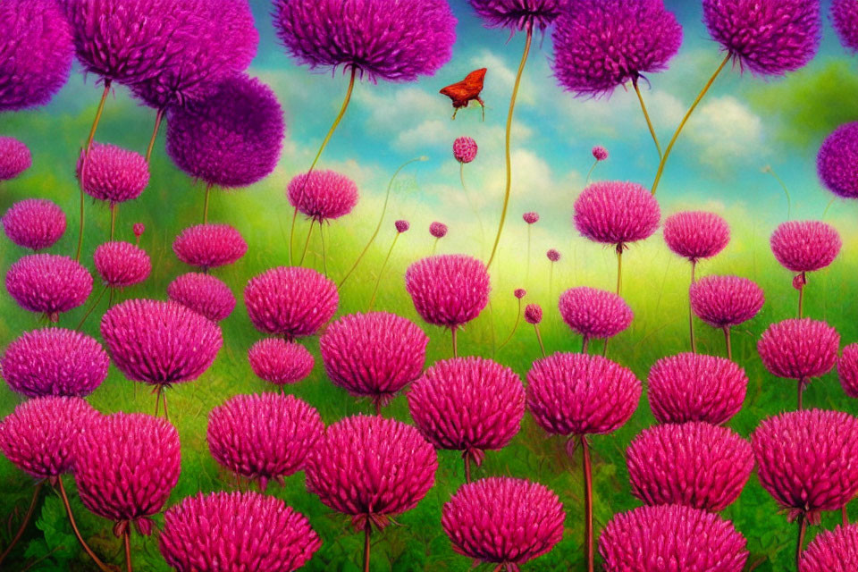 Colorful painting: Purple globe flowers field with orange butterfly