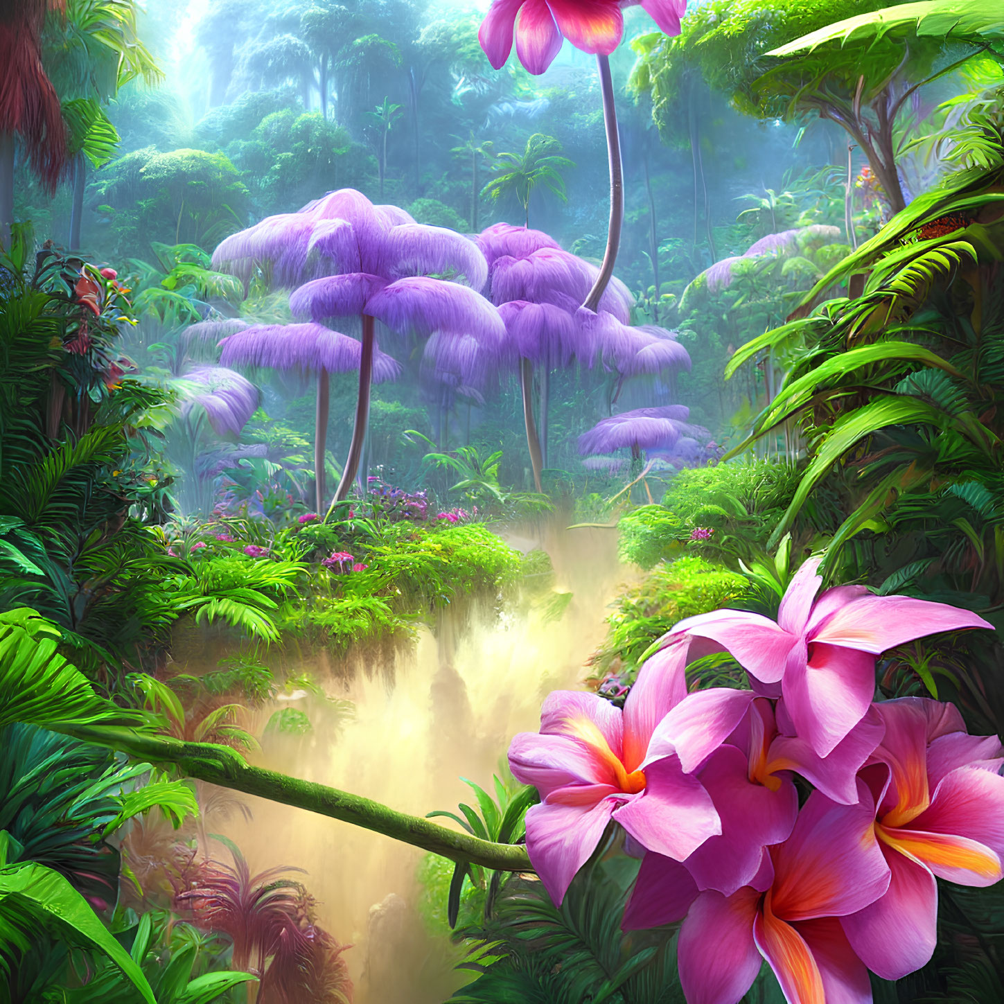 Fantasy Jungle with Purple Mushrooms, Greenery, Pink Flowers, and Mist