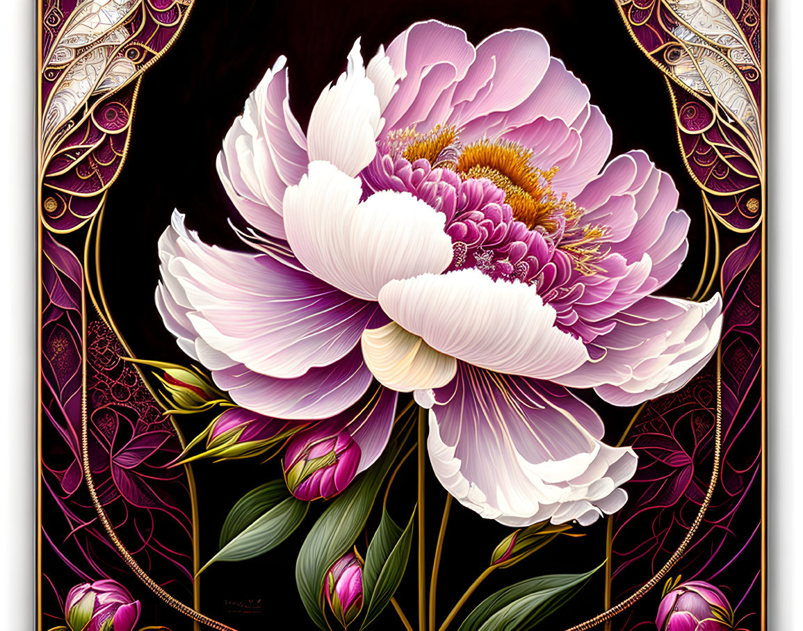 Detailed White and Pink Peony Illustration with Gold Accents on Dark Background