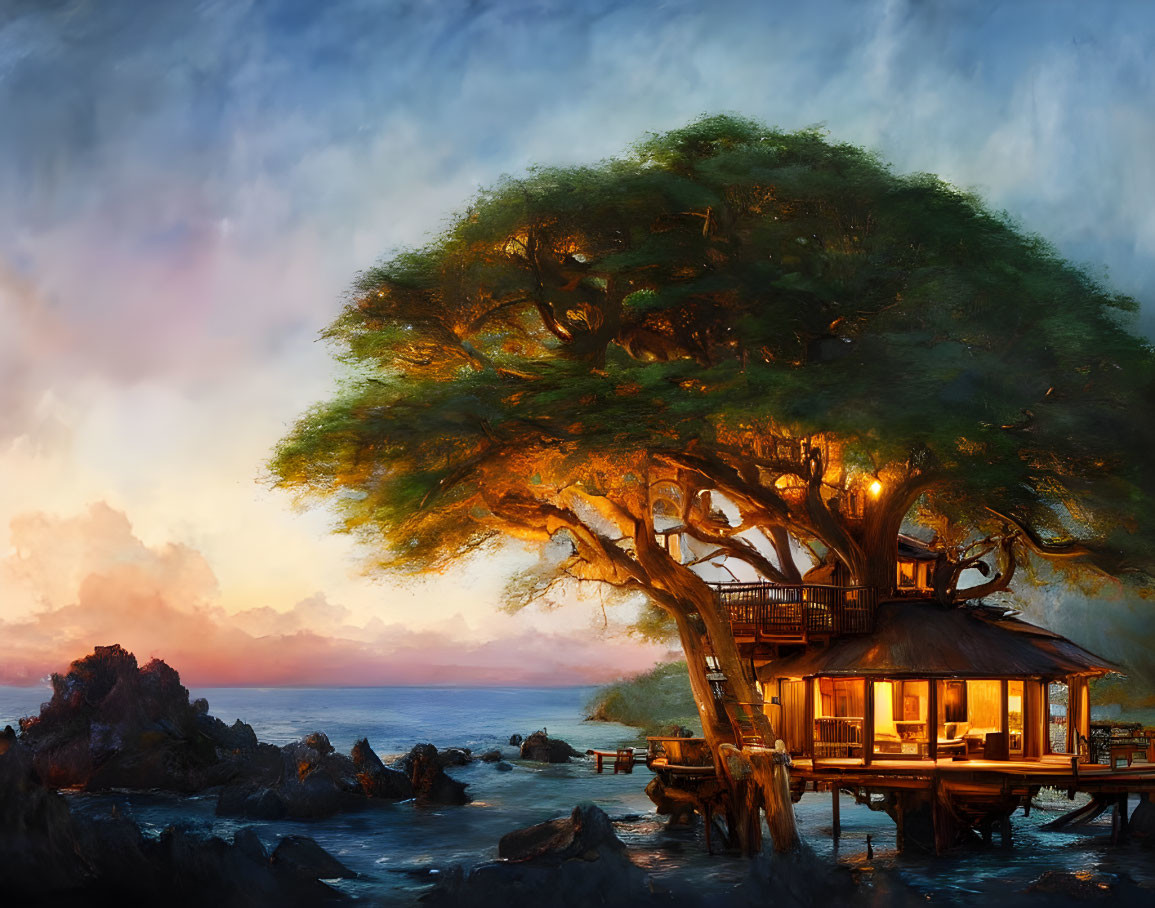 Seaside treehouse in ancient tree with warm lights at sunset