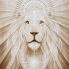 Illustration of majestic lion with blue eyes and ornate headdress