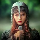 Digital art of female warrior in silver armor and helmet