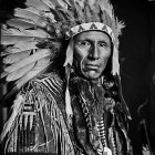 Colorful Native American headdress with feathers and beadwork on stern individual