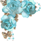 Blue roses with gold leaves in transparent vase on black background