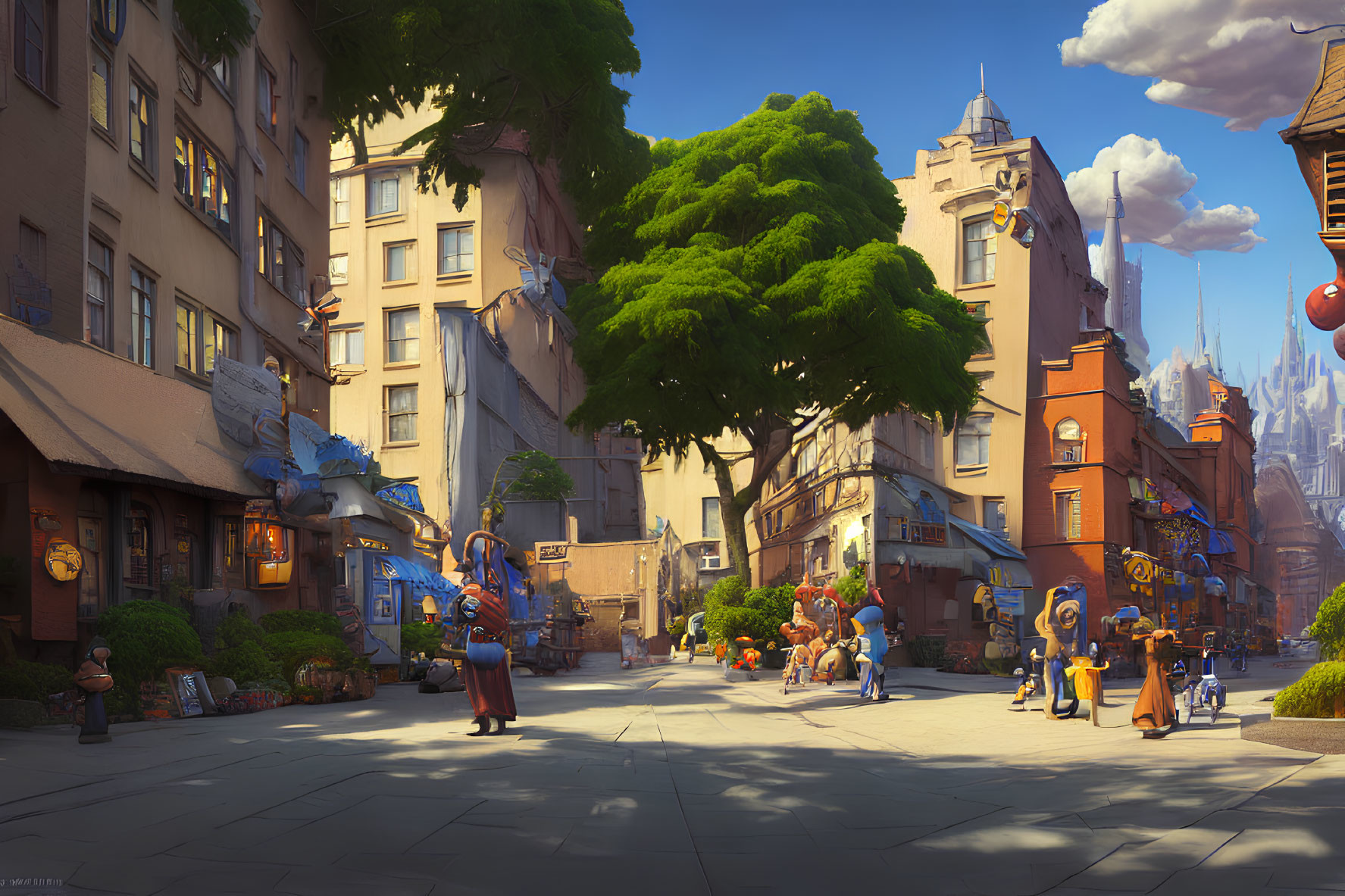 Animated city street scene with anthropomorphic animals, shops, tree, and old-style buildings.