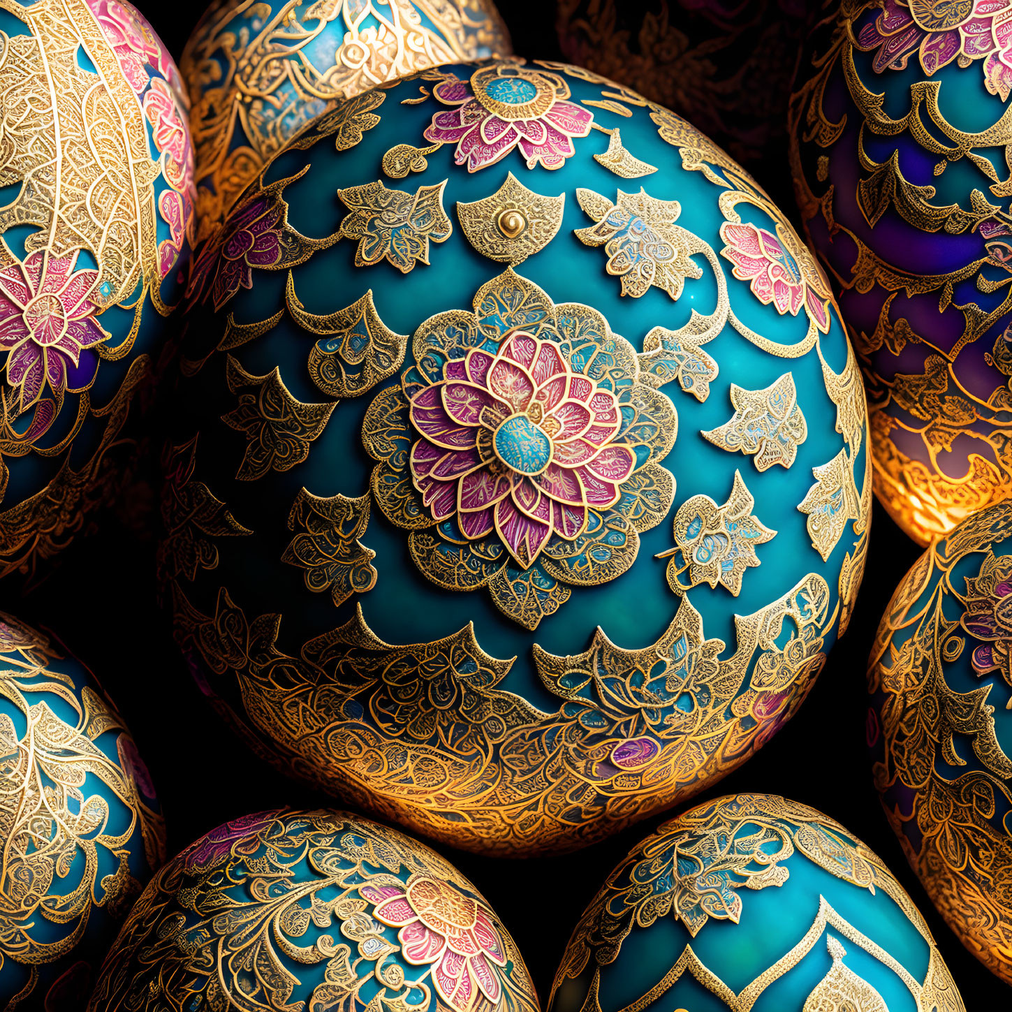 Intricate Gold-Patterned Decorative Eggs with Floral Designs