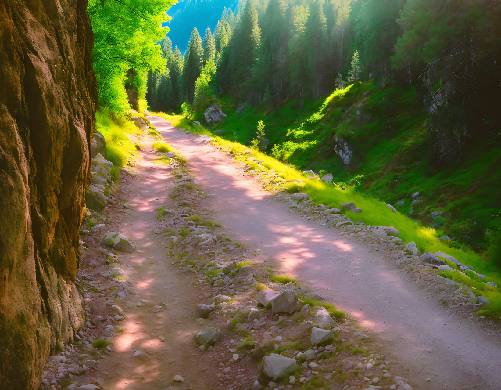 Sunlit Forest Trail with Dappled Shadows and Cliff Edge