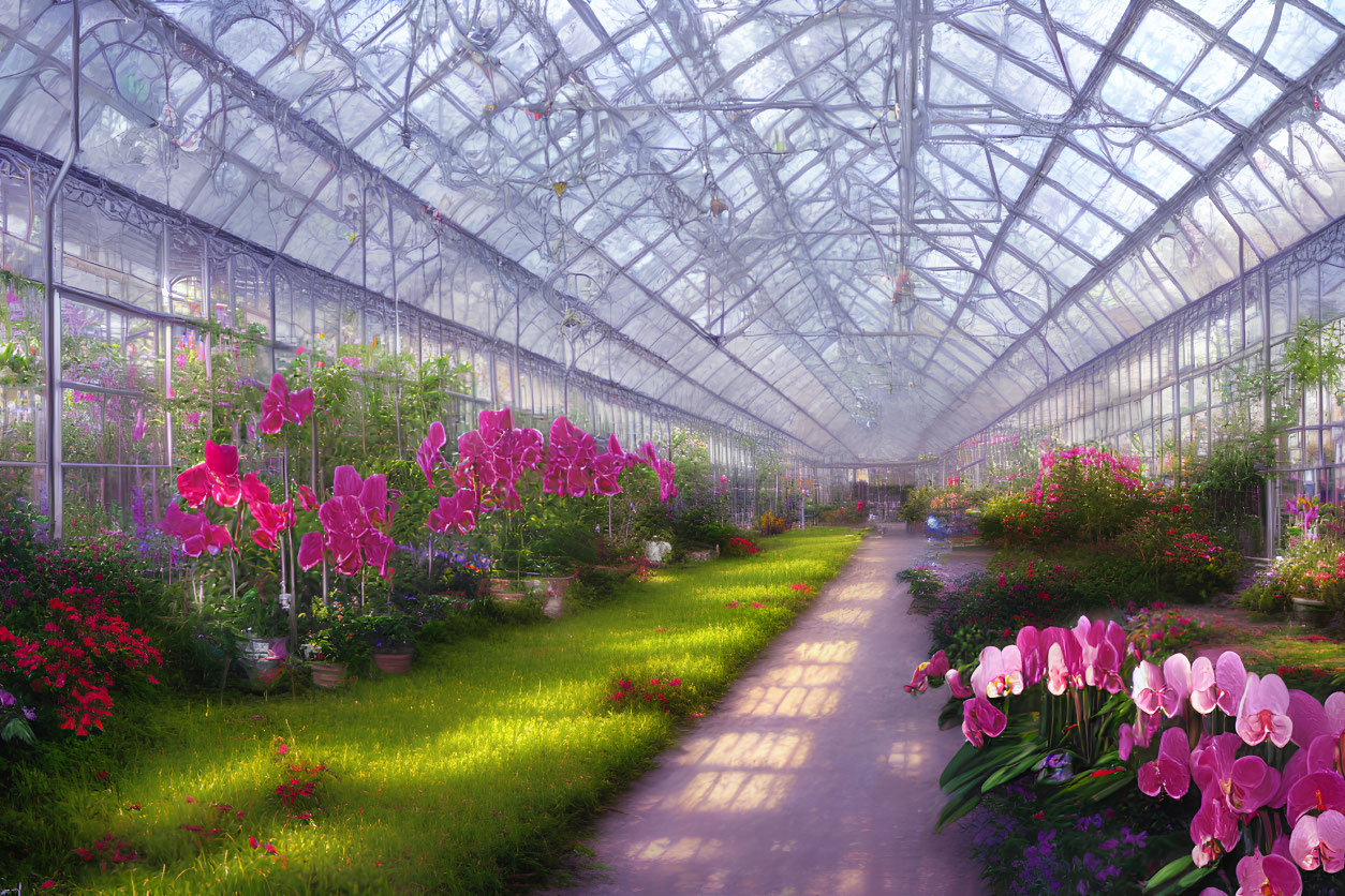 Vibrant orchids and lush plants in sunlit greenhouse