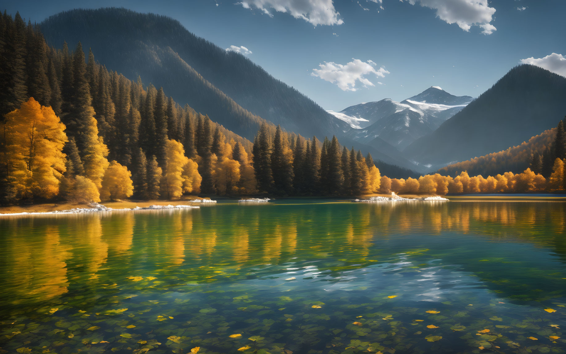 Autumn mountain lake with clear waters and snowy peaks