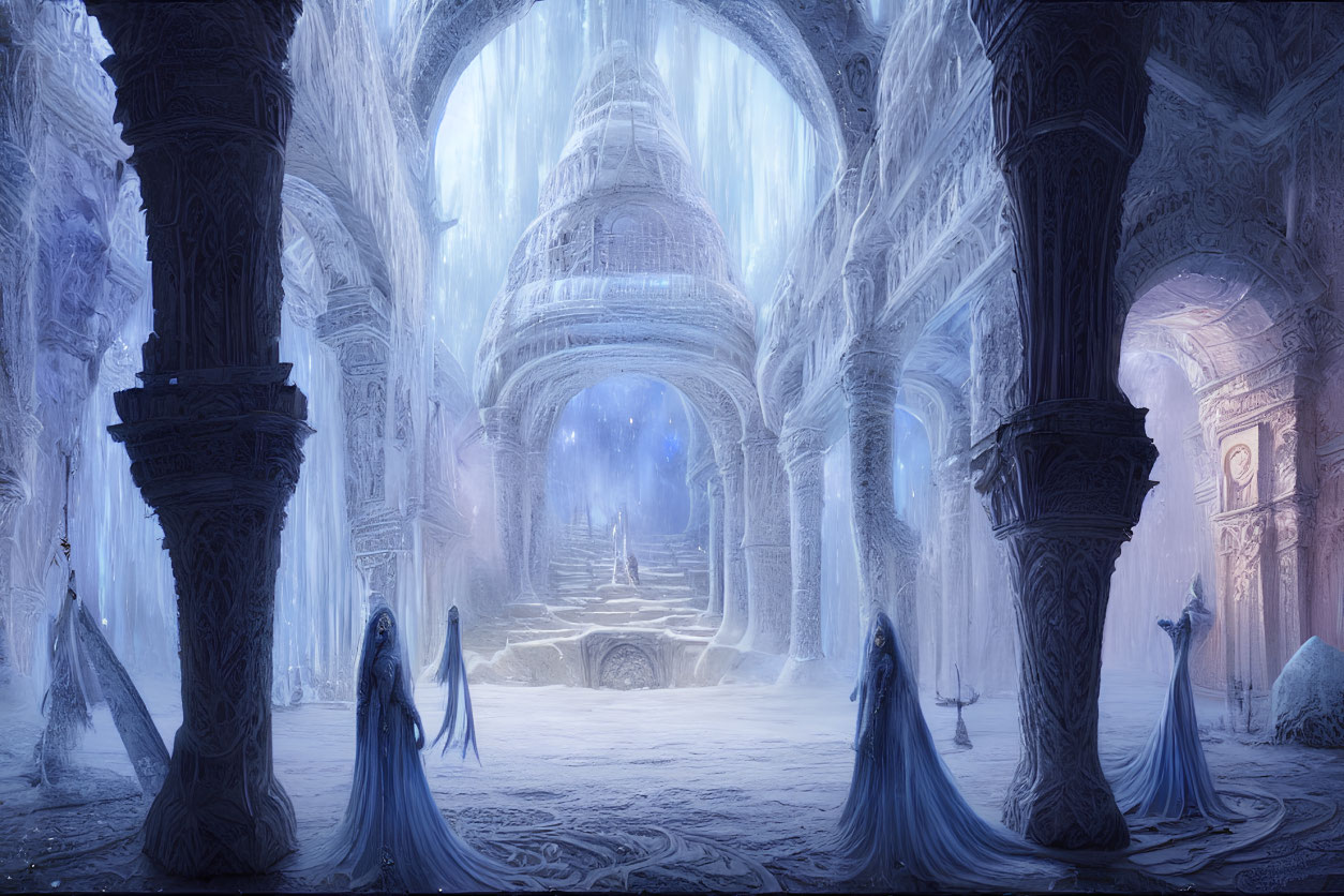 Mystical Ice Palace Interior with Frozen Arches and Robed Figures