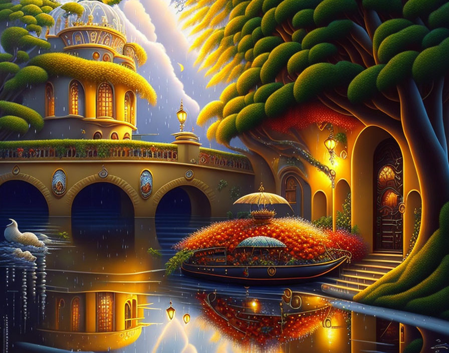 Fantastical night landscape with golden-domed building, lanterns, lush trees, boat, and