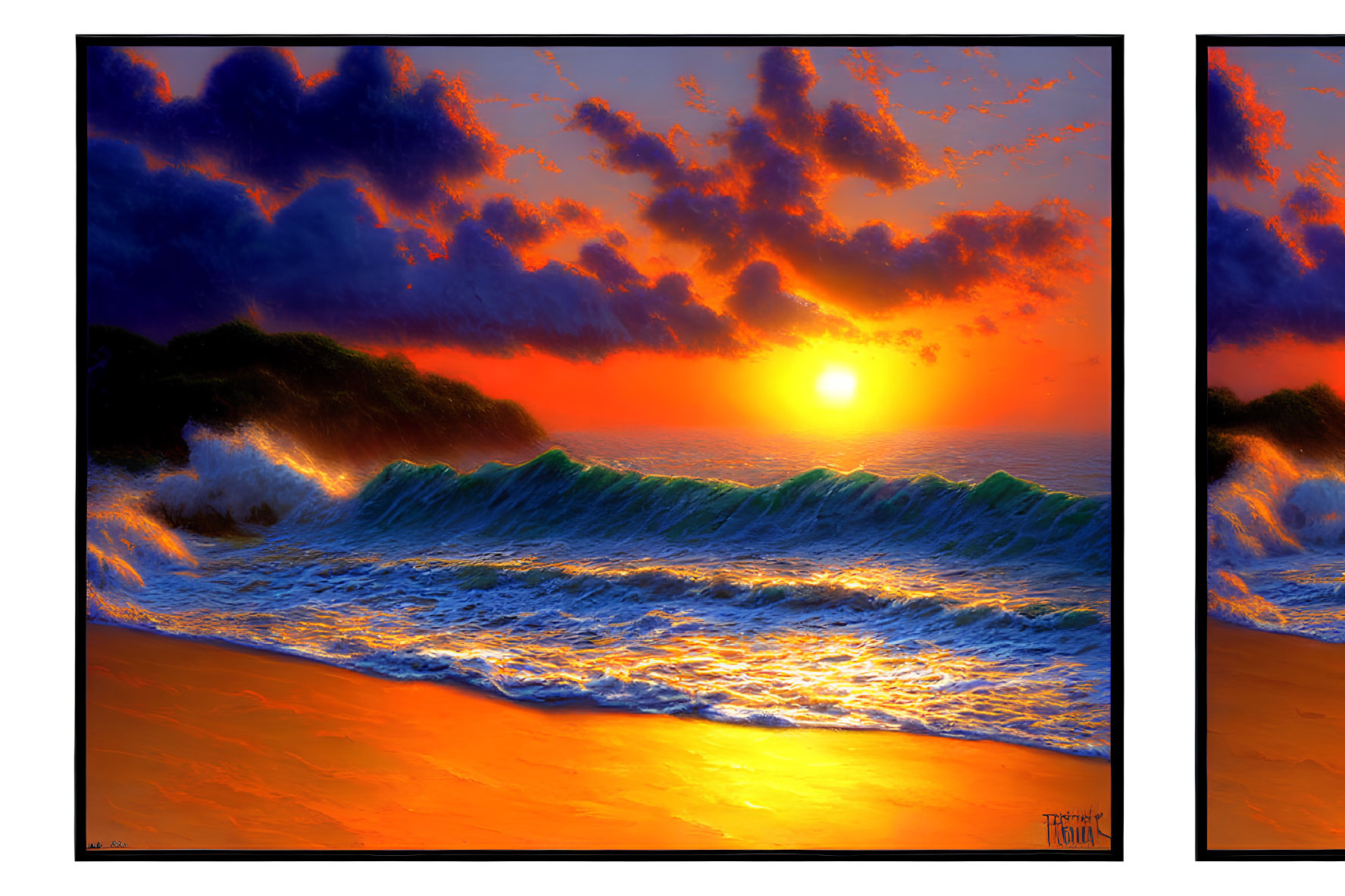 Colorful sunset painting with orange sky, dark clouds, and teal waves crashing on beach