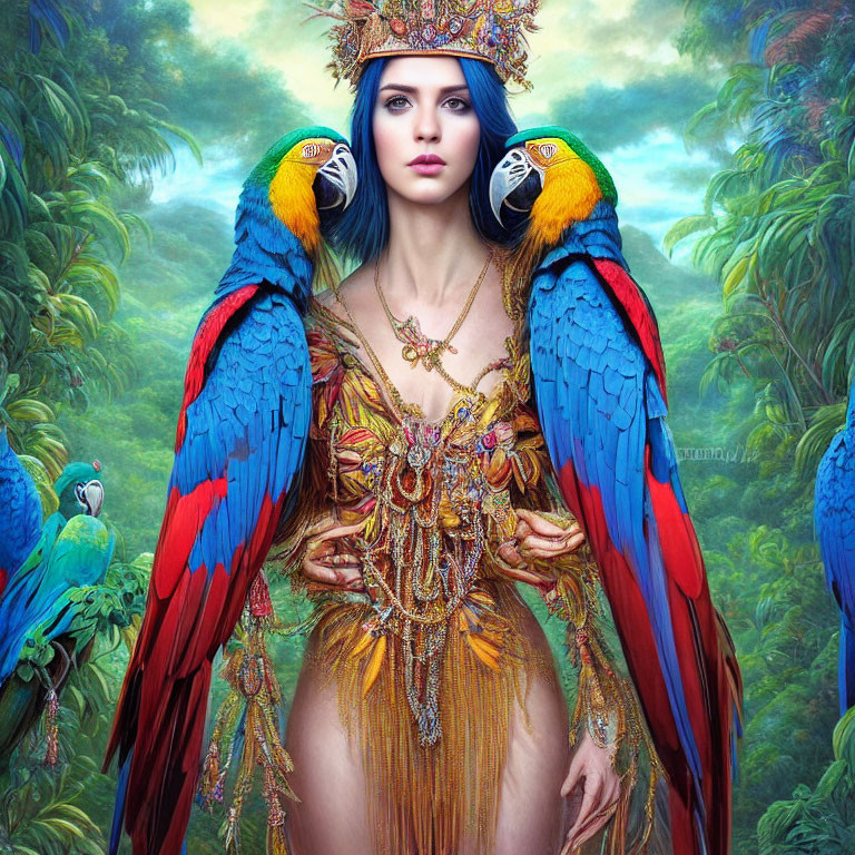 Striking blue-eyed woman with golden headdress among vibrant macaws in lush forest