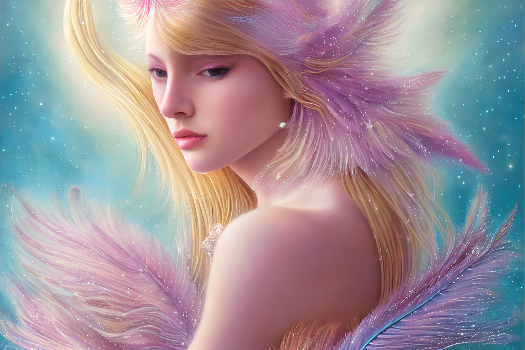 Blonde-haired woman with feathered wings in starry setting