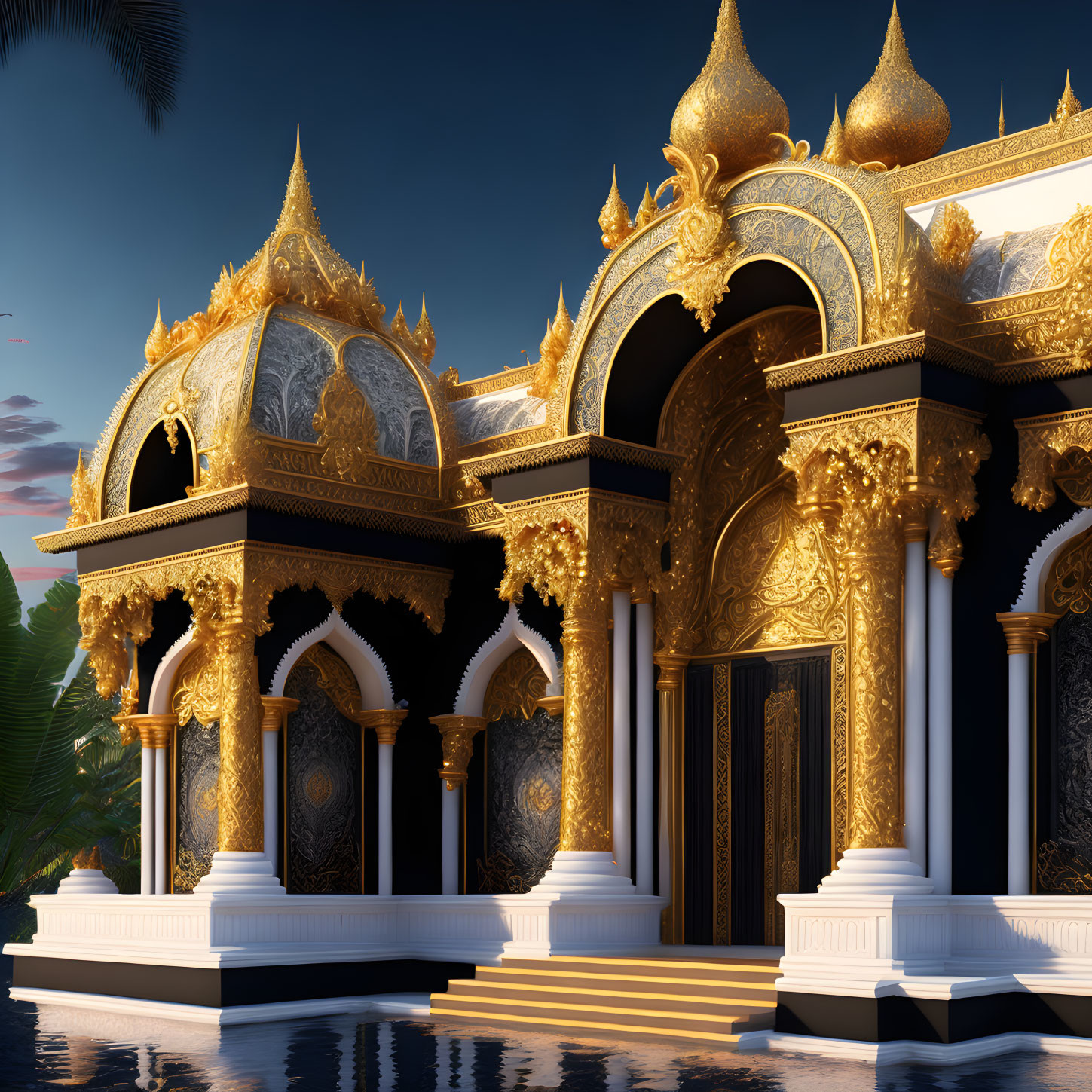 Luxurious Palace with Gold Detailing and Sculptures at Dusk