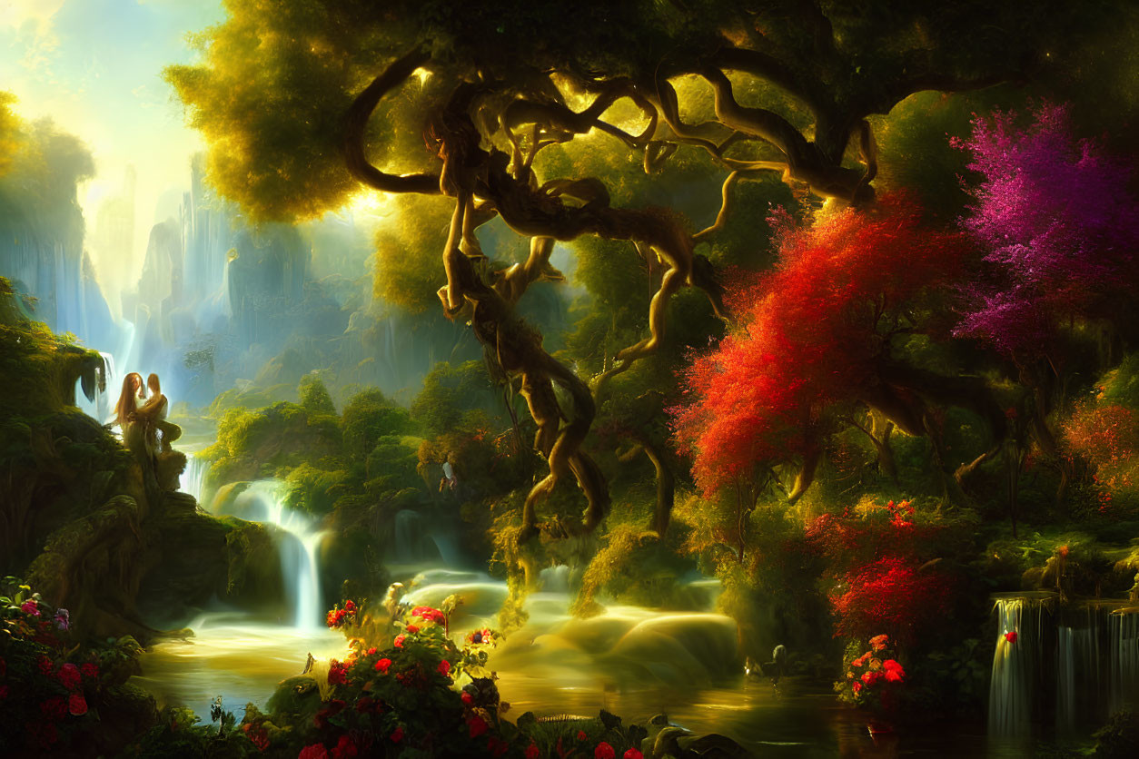 Vibrant fantasy landscape with cascading waterfalls and serene river