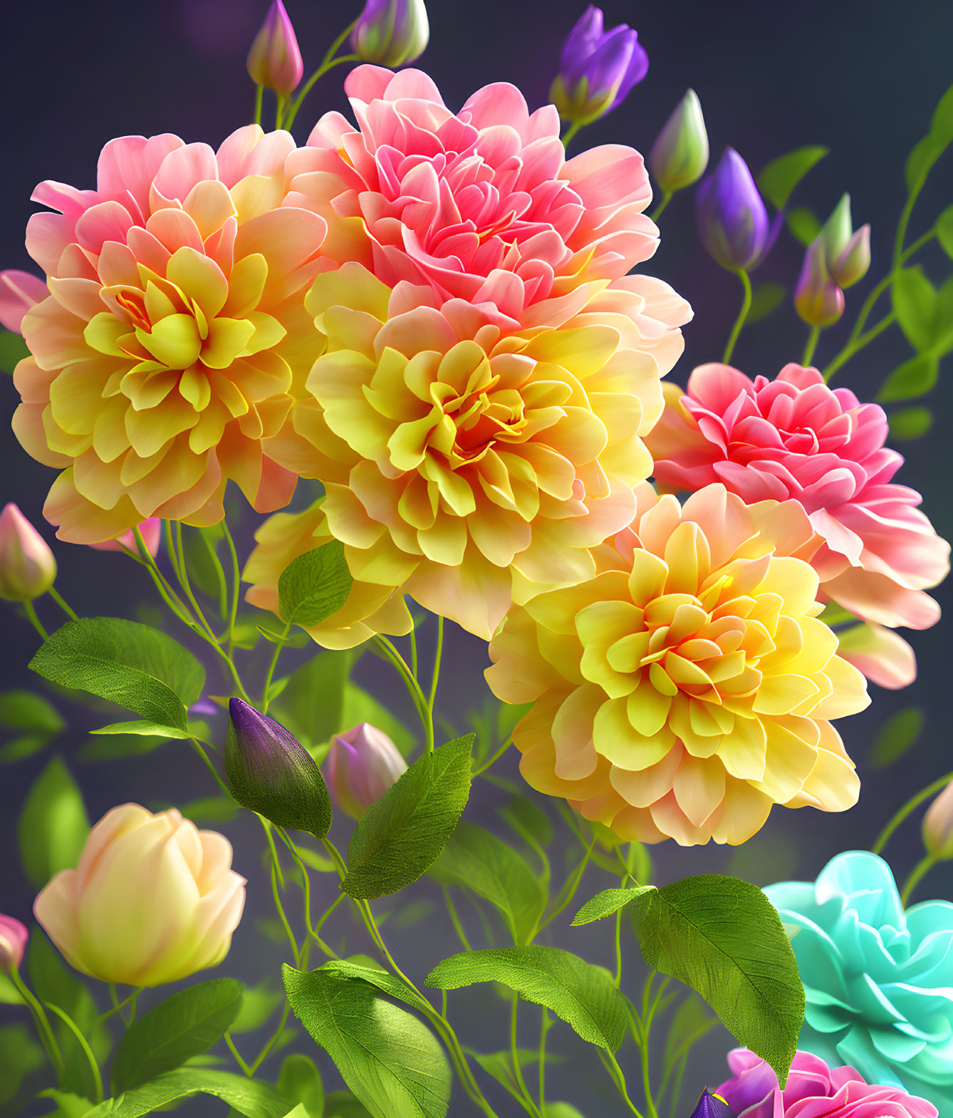 Colorful Pink and Yellow Flower Bouquet on Dark Background