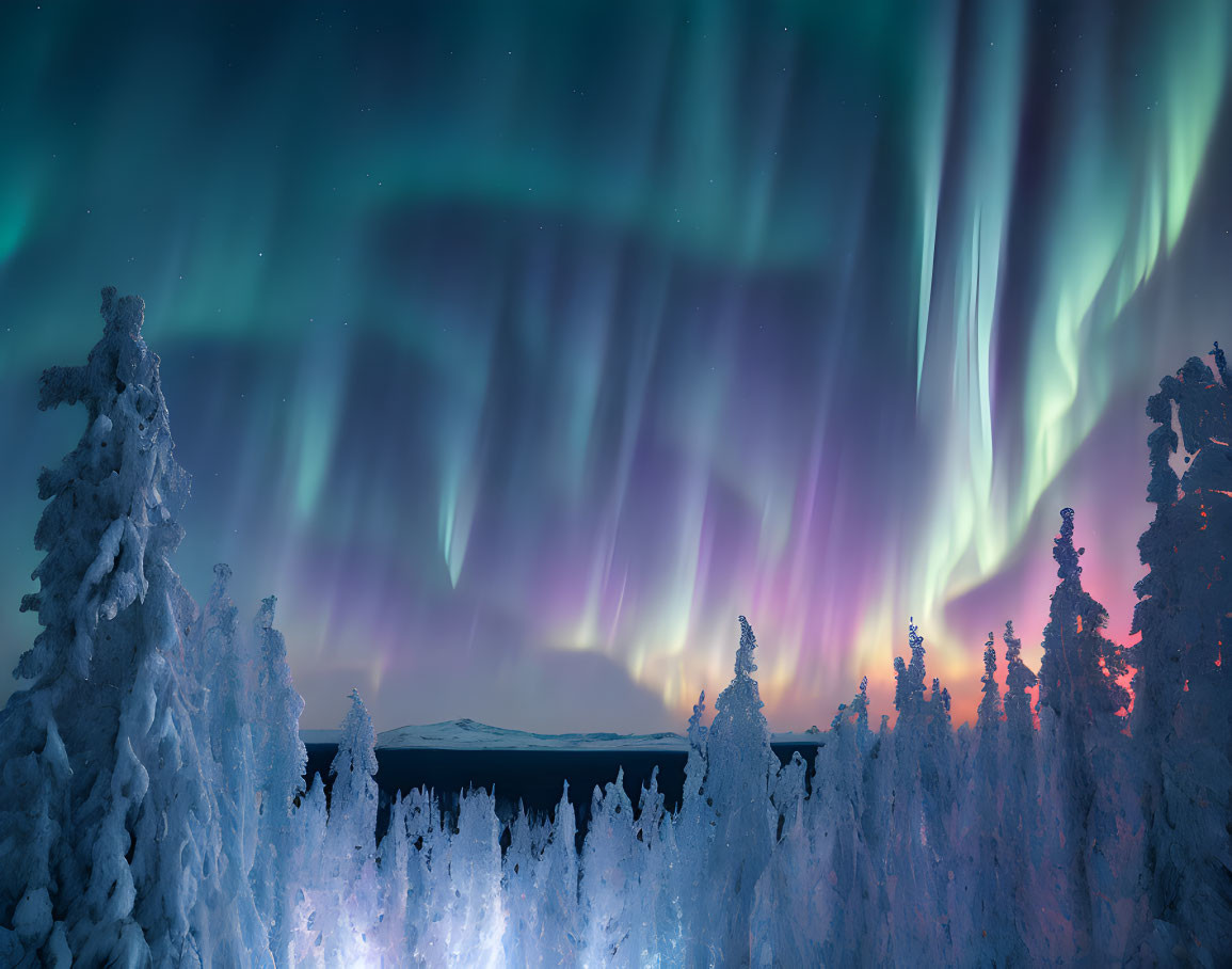 Vibrant green and purple aurora borealis over snowy forest landscape