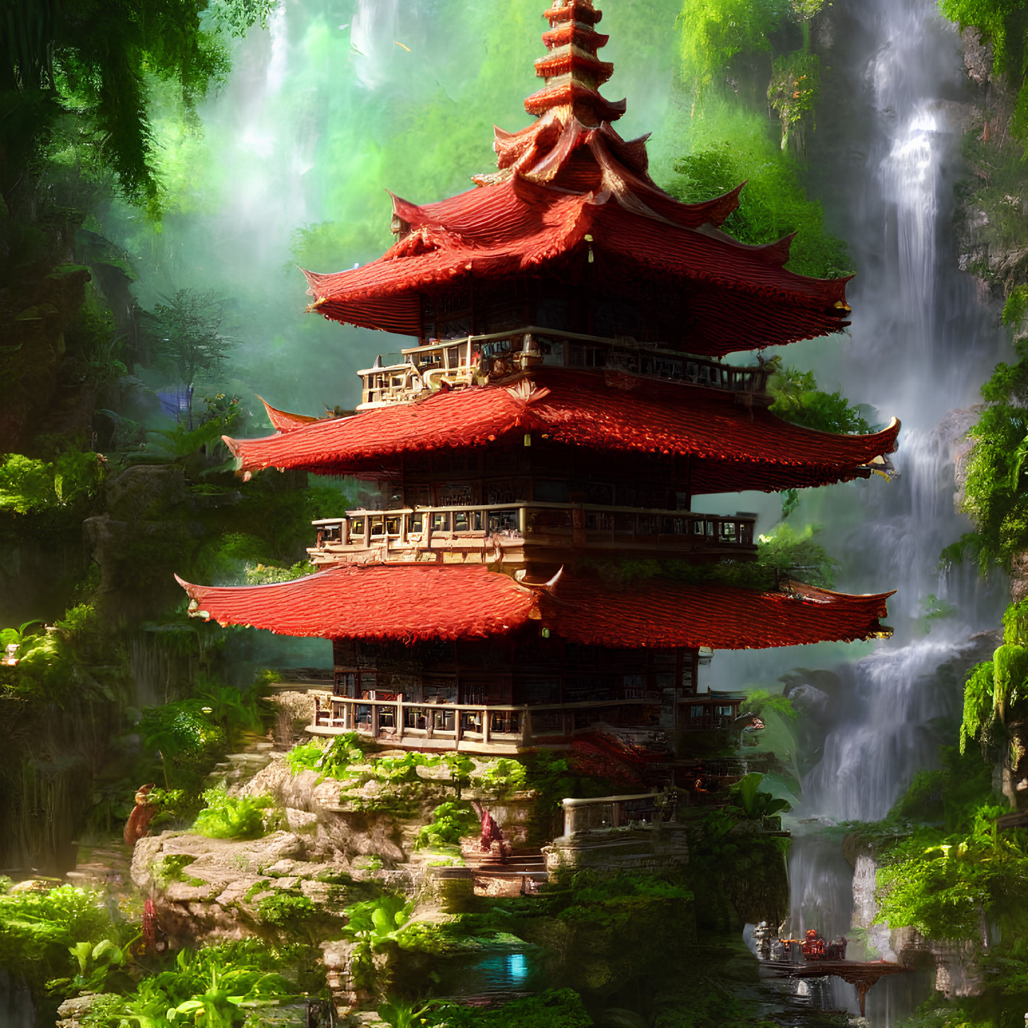 Traditional multi-tiered pagoda in lush forest with waterfalls & mist.