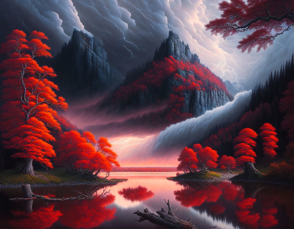 Fiery red trees by tranquil lake under stormy sky