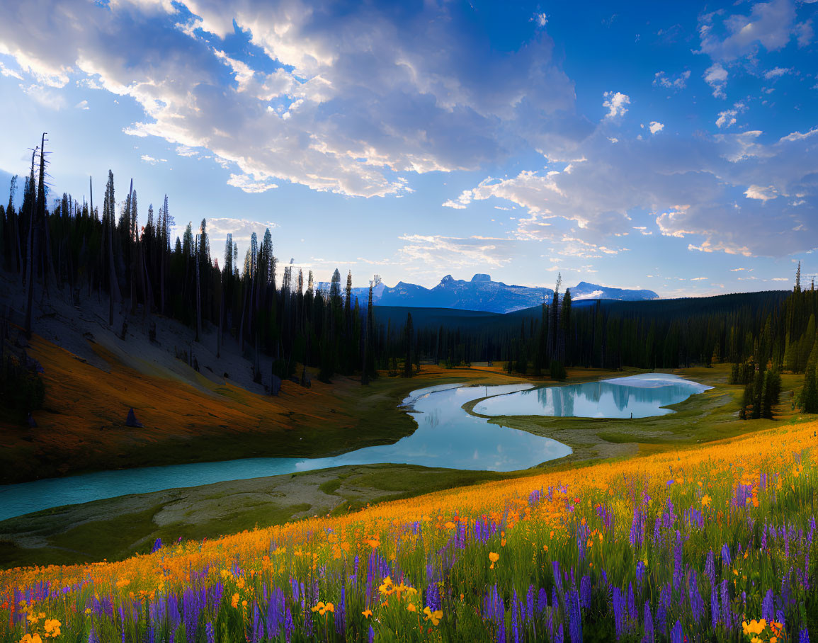 Tranquil landscape with winding river, meadow, flowers, forests, mountains