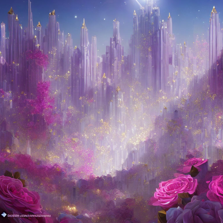 Fantasy landscape with crystal spires, pink and purple roses, and starry sky