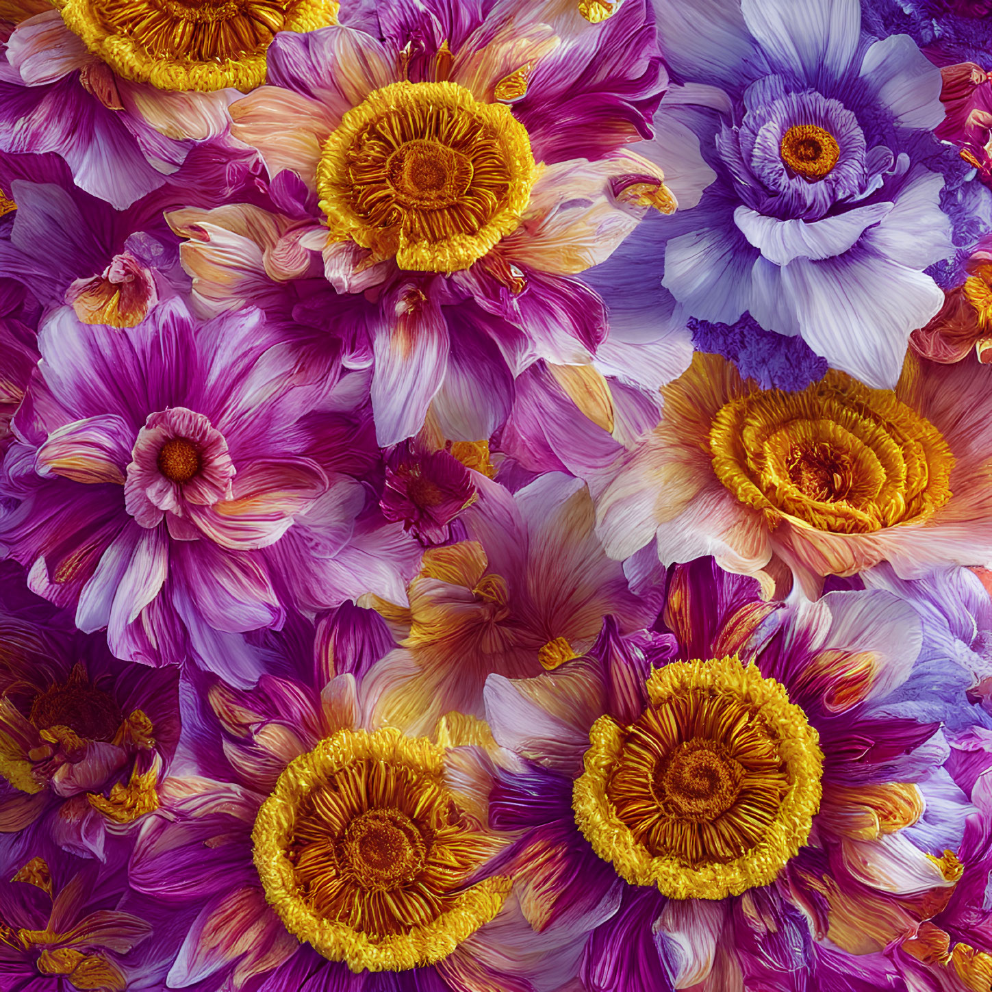 Assorted flowers close-up in vibrant purples and golds