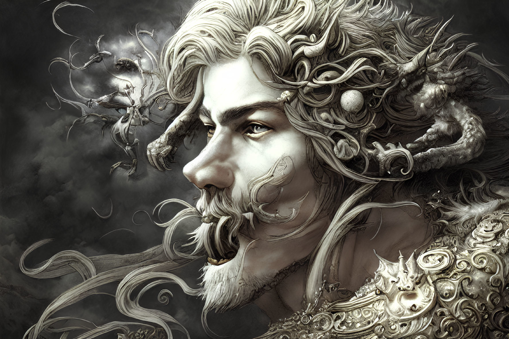 Detailed grayscale illustration of regal figure in ornate armor with flowing hair and mystical flying creature