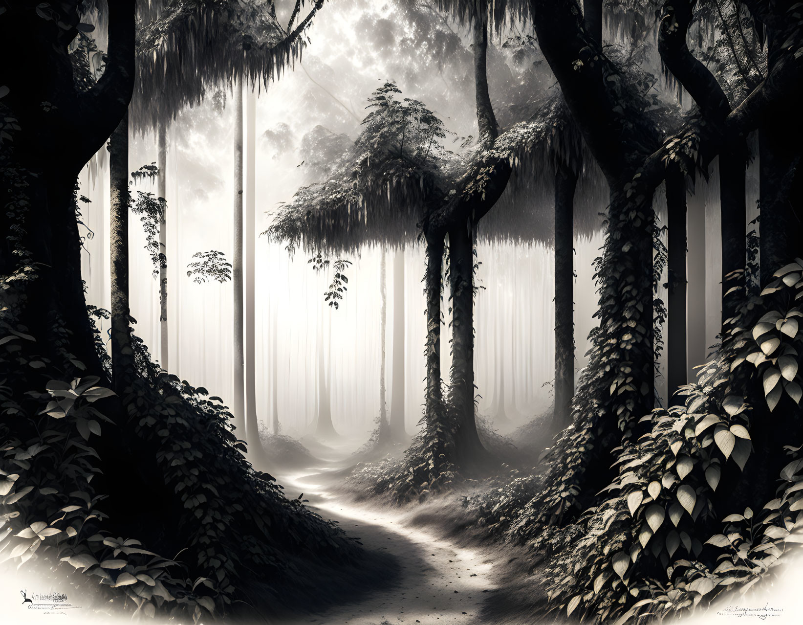 Monochromatic forest scene with towering trees and meandering path