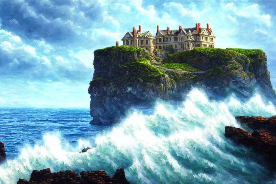 Stunning manor house on green cliff with crashing waves