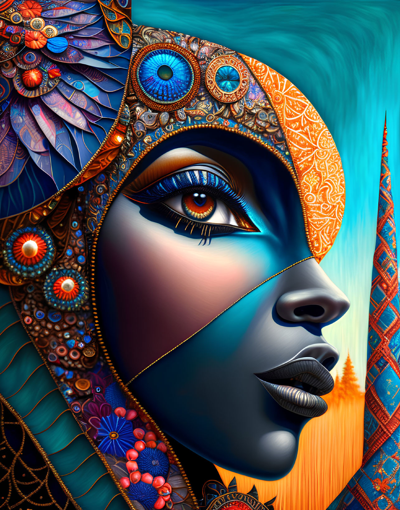 Colorful digital artwork of woman with blue-hued face and intricate patterns.