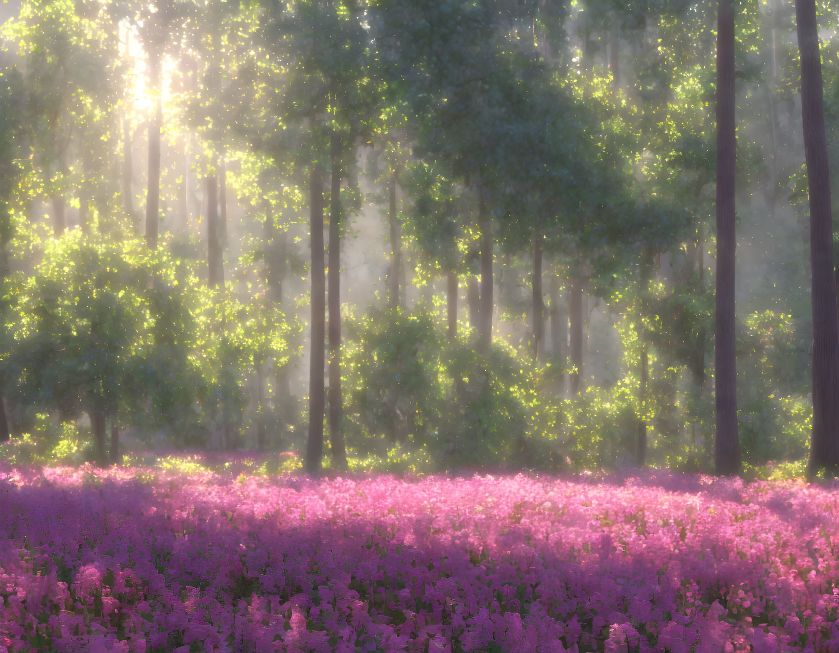 Tranquil forest with sunlight and pink flowers