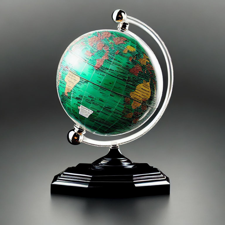 Detailed Green and Tan Terrestrial Globe on Metallic Stand, Grey Background