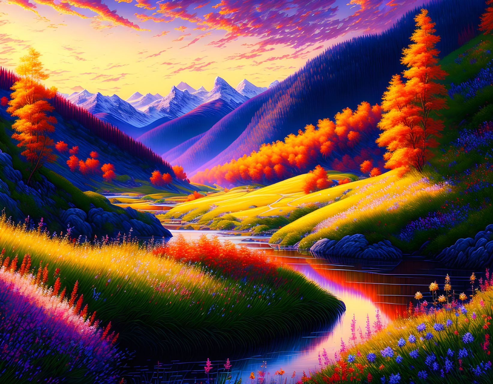 Colorful mountain landscape at sunset with winding river & vibrant foliage