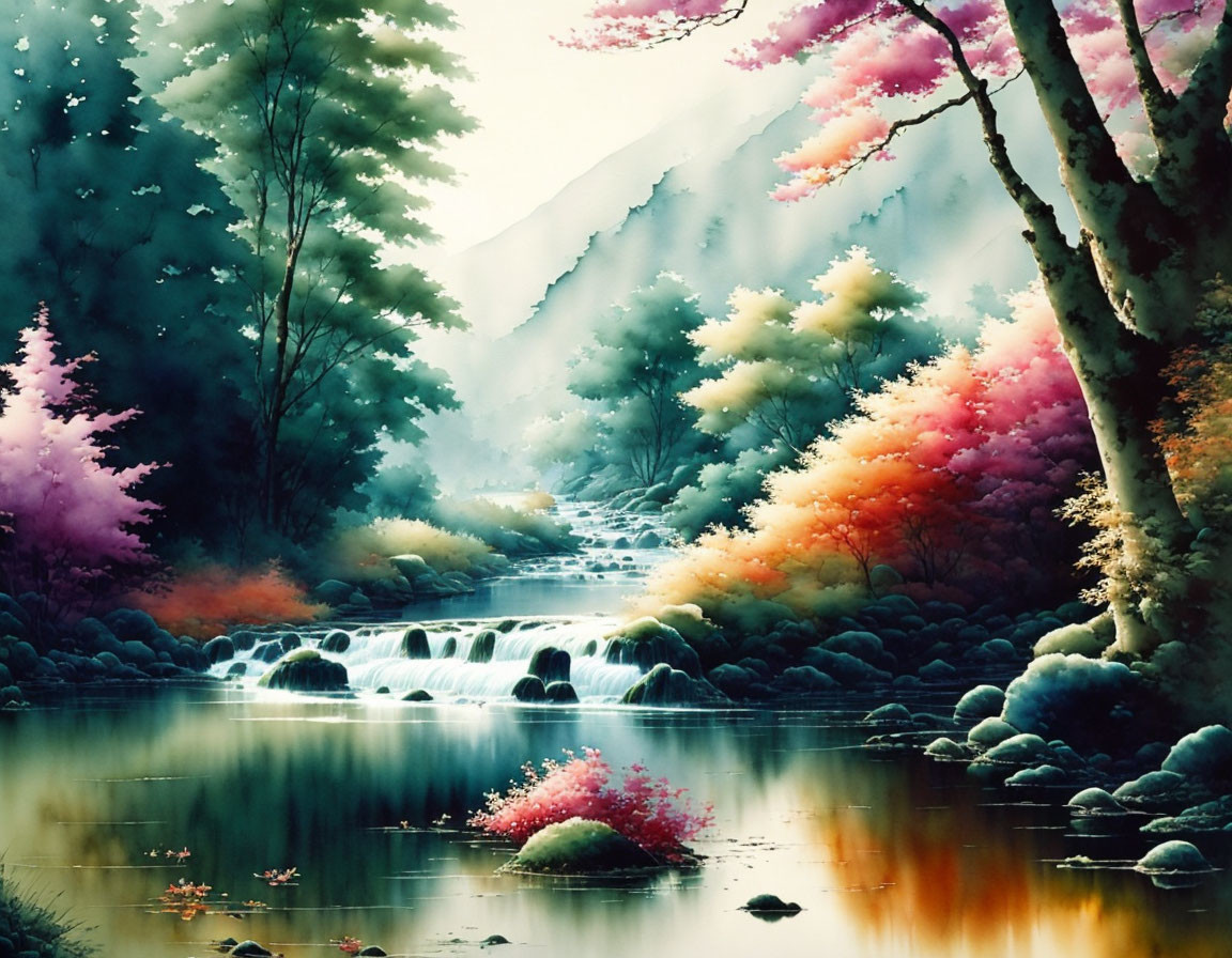 Colorful painting of serene river cascade with fantastical trees and misty mountains